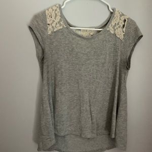 grey shirt with lace accents